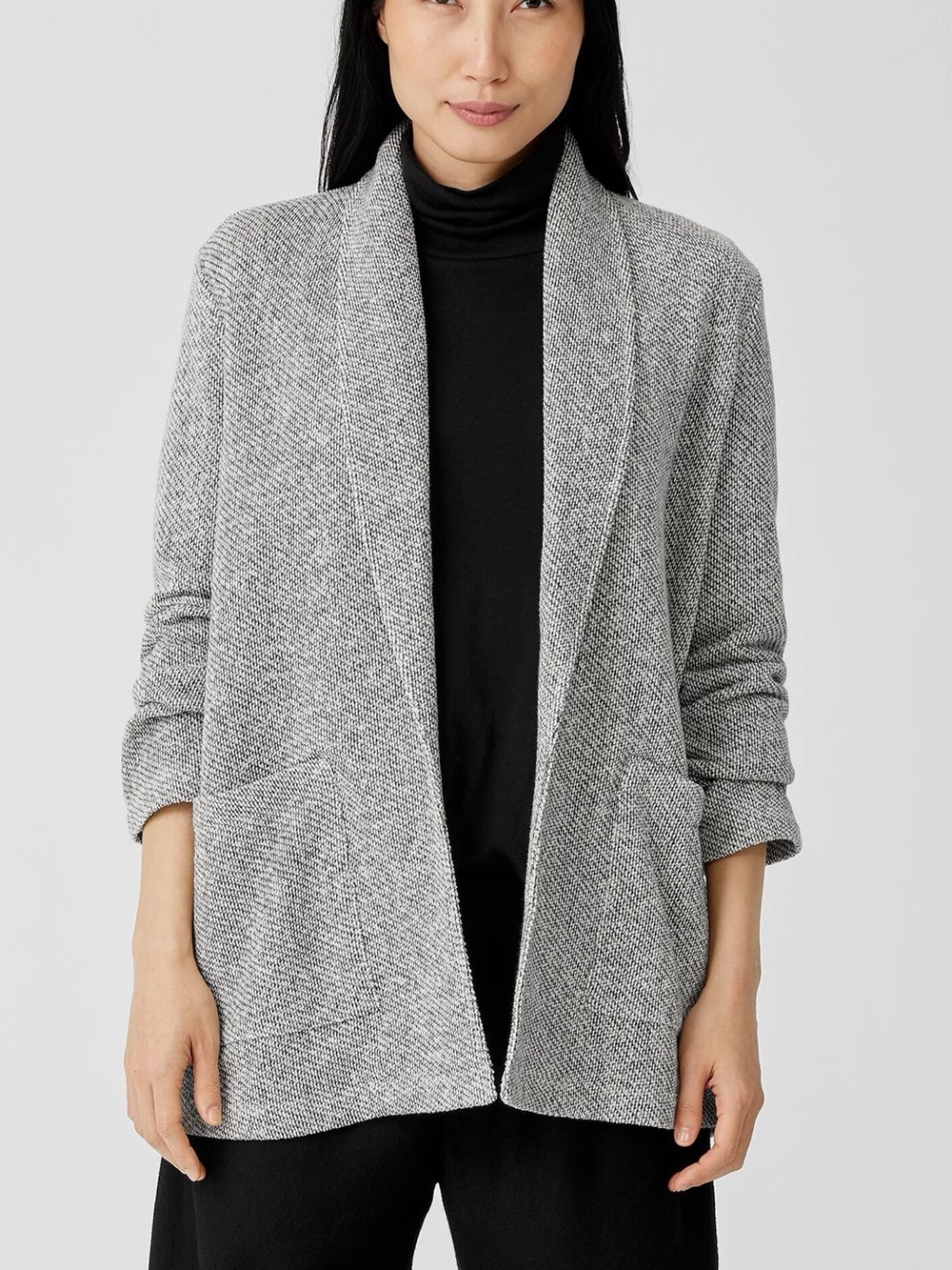 Eileen Fisher Organic Cotton Terry Shawl Collar Jacket Large Ash Gray Open Front